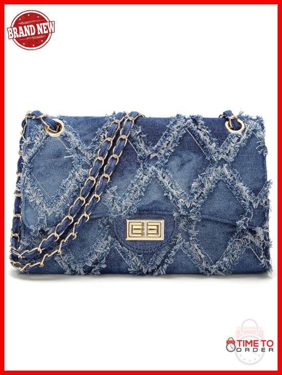 Handbags - Quilted Denim Crossbody Bag Satchel Shoulder Purse with Chain Strap